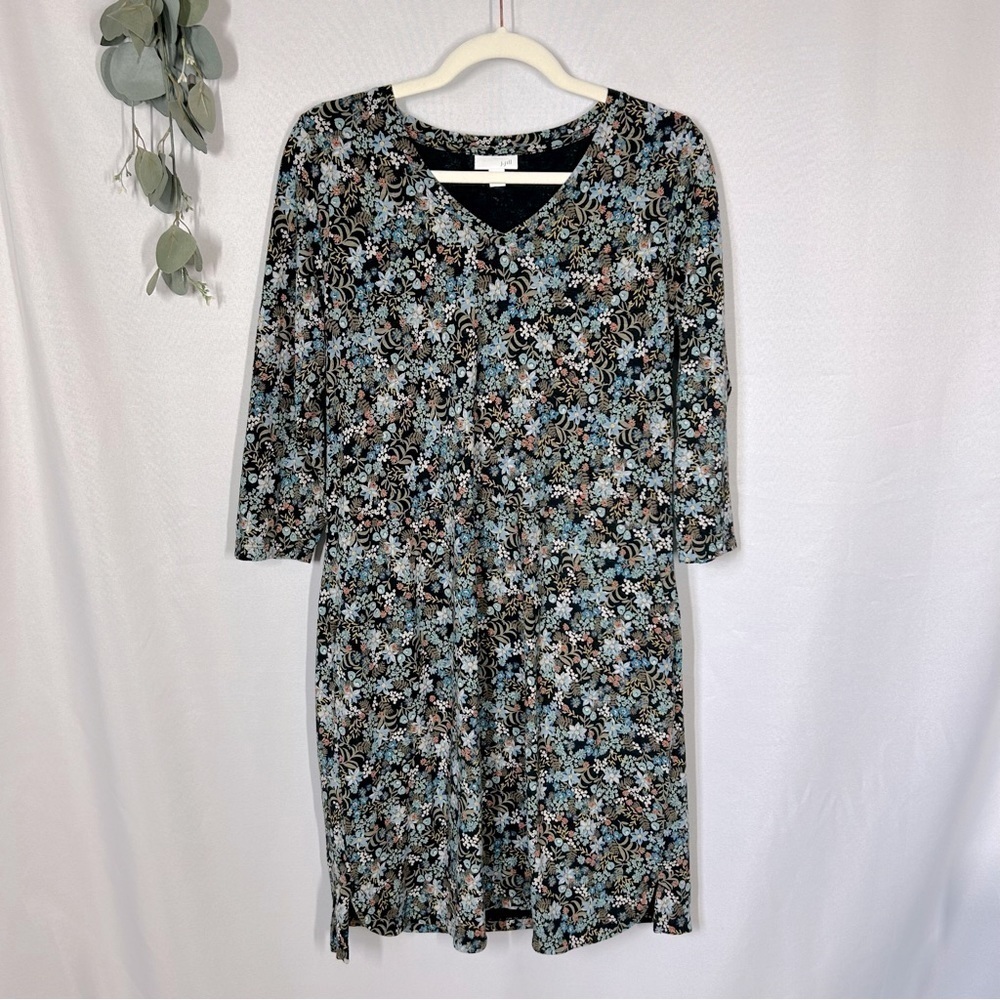 J Jill | Ditzy Floral Print Dress Blue Black 3/4 Sleeves V Neck Size Small